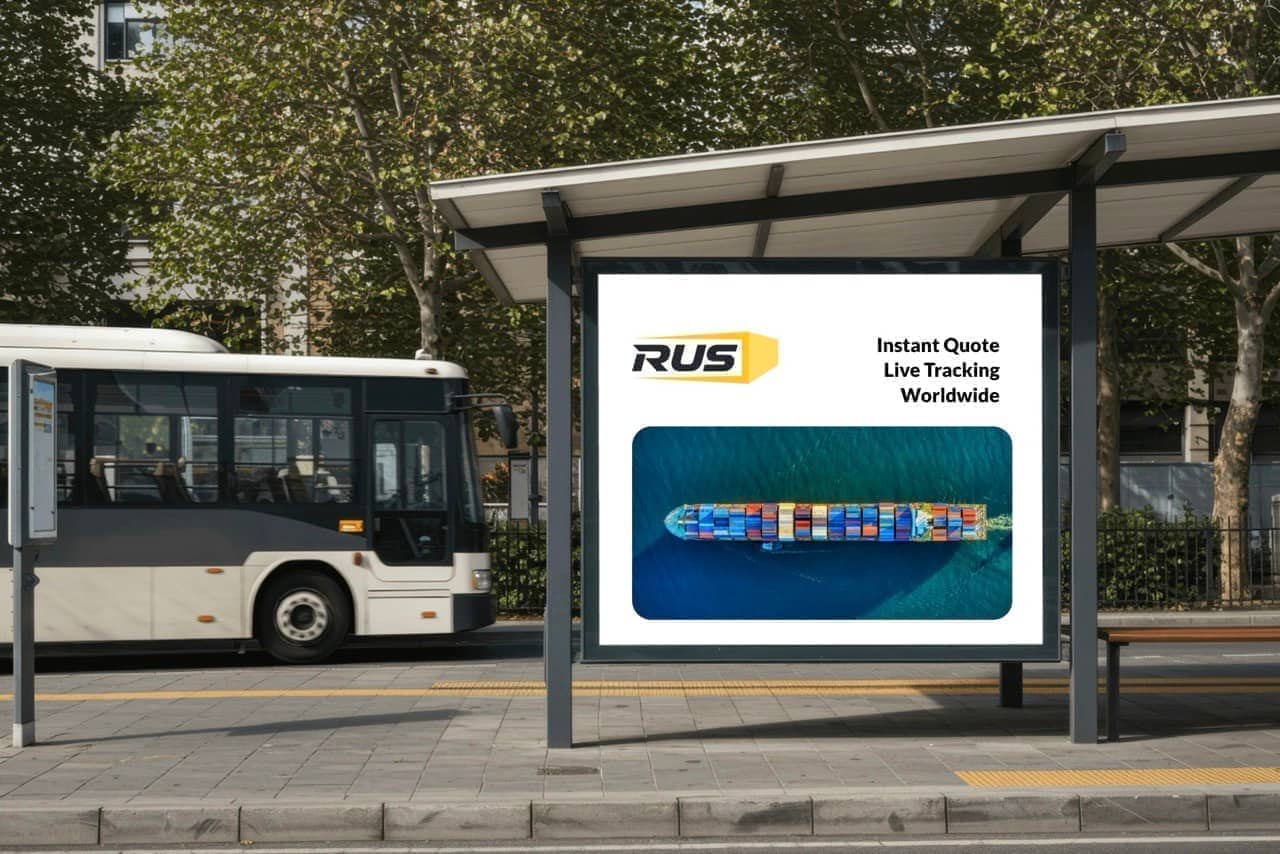 Gulf Ocean Shipping billboard promoting instant quotes and live tracking